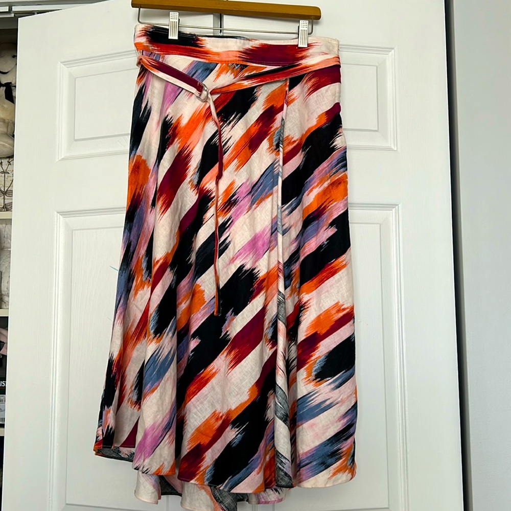 Multi-coloured DKNY wrap skirt, midi length with matching ring belt